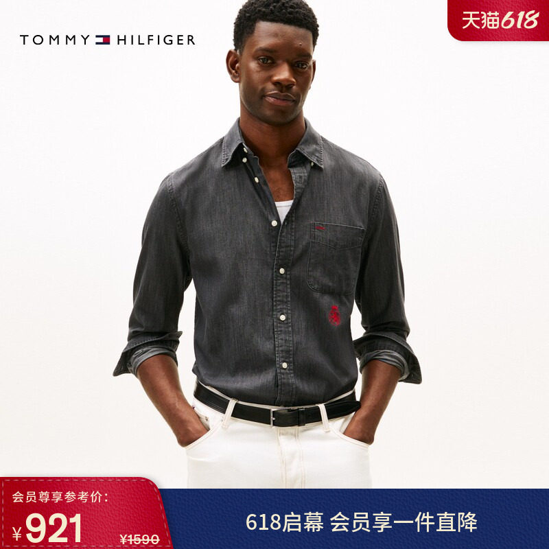 Tommy春夏男女纯棉美式潮流复古徽章刺绣长袖牛仔衬衣衬衫外套