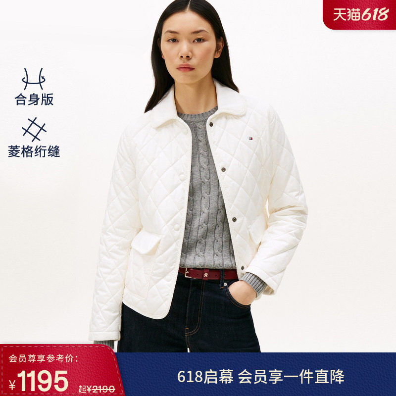 【菱格绗缝】Tommy秋冬女装气质通勤复古轻薄翻领棉服夹克外套