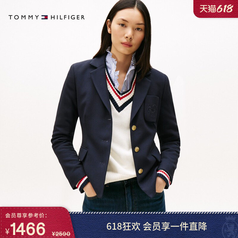Tommy秋冬女装商务休闲青春学院徽章刺绣翻领修身西服西装外套