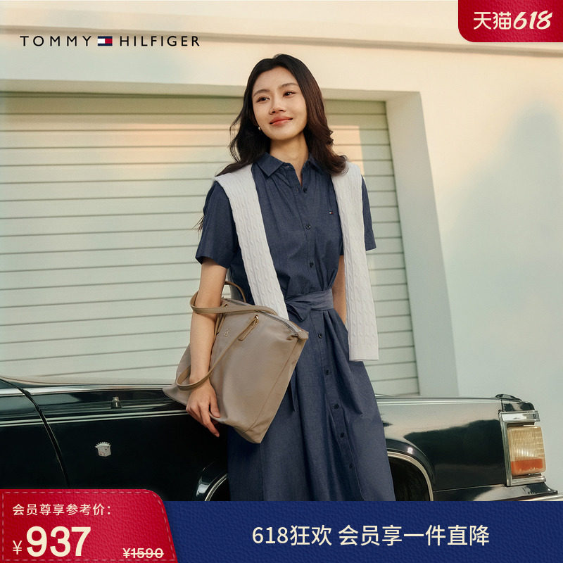 Tommy26春夏新款女装复古气质文艺风收腰显瘦纯棉轻薄牛仔连衣裙
