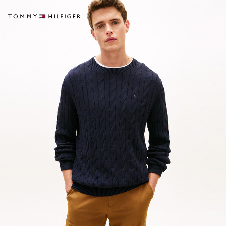 【U先测评】Tommy26秋季新款男装纯棉绞花休闲通勤圆领麻花针织衫