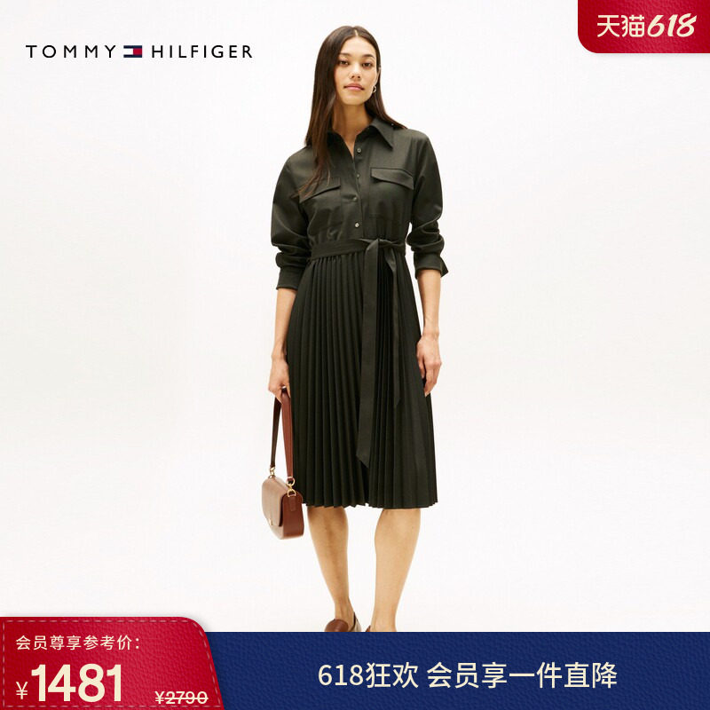 Tommy春夏女微法兰绒气质系带收腰显瘦宽松百褶拼接衬衫裙连衣裙