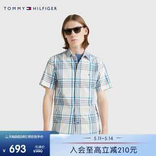 Tommy 男装纯棉泡泡纱格纹尖角扣合身短袖衬衫外套MW0MW30530