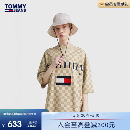 Tommy Collection男美式复古棋盘格刺绣宽松短袖卫衣DM0DM16301