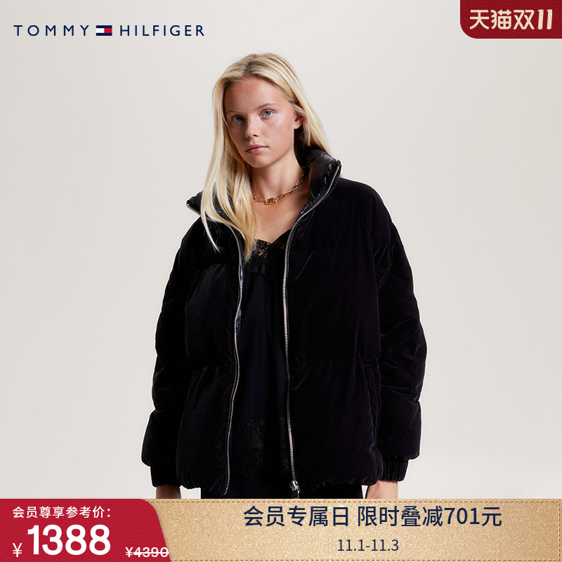 Tommy女装休闲丝绒立领圆章刺绣宽松保暖短面包羽绒服外套