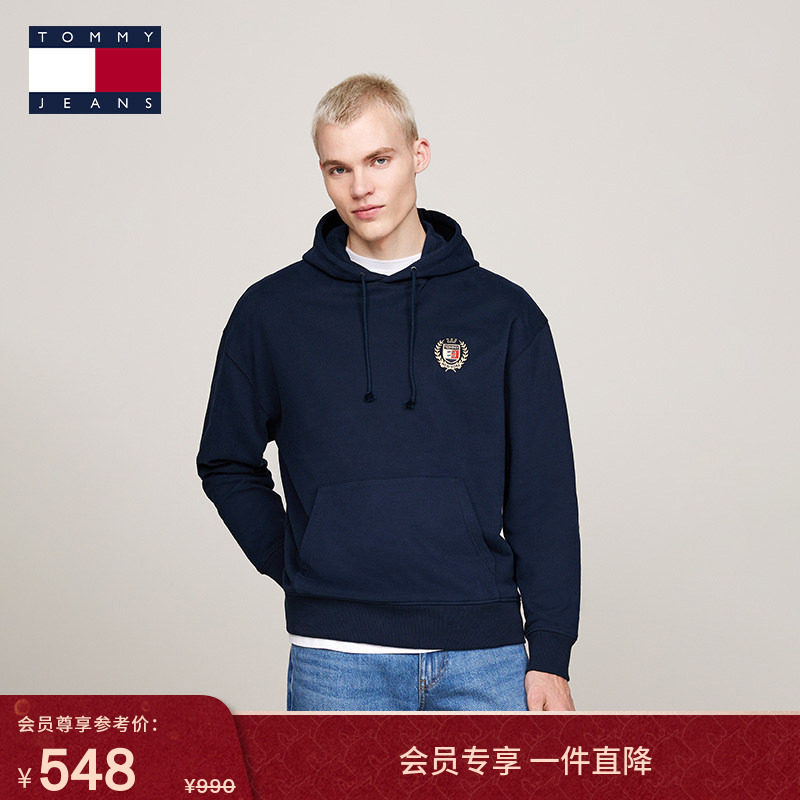Tommy秋冬男装纯棉美式复古学院风徽章刺绣运动连帽套头衫卫衣