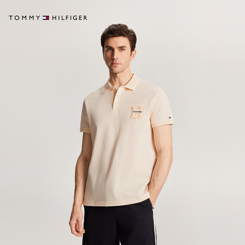 【透气舒适】Tommy春夏男装纯棉珠地网眼绒面字母翻领短袖POLO衫