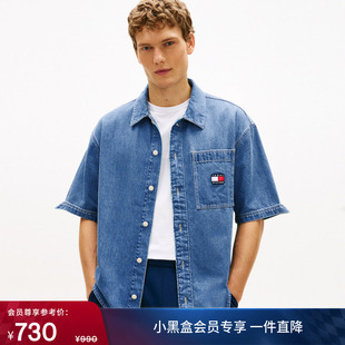 Tommy26春夏新款男装纯棉美式潮流旗标刺绣贴袋宽松牛仔短袖衬衫