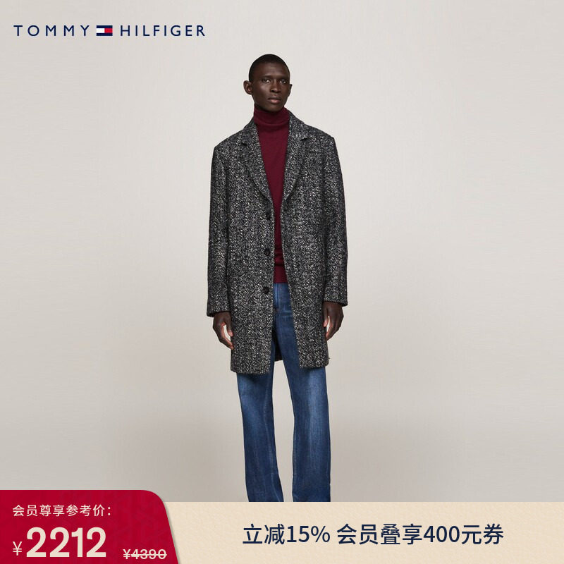 Tommy秋冬男装羊毛混纺人字纹商务休闲中长款翻领毛呢大衣外套