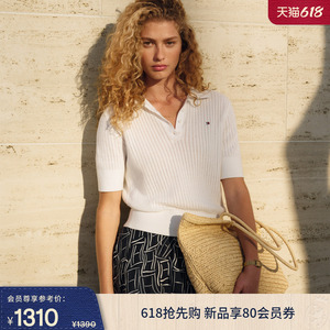 Tommy女装镂空绞花纯色针织POLO