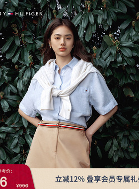 Tommy春夏女装透气亚麻休闲度假风简约通勤纯色宽松短袖衬衣衬衫