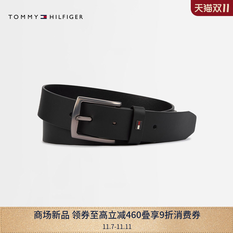 Tommy25秋冬新款男装光面牛皮革金属小标商务休闲针扣式腰带皮带