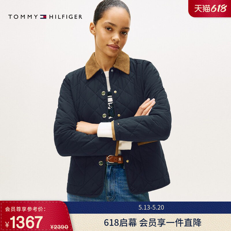 【防水】Tommy秋冬女装巴恩风轻薄菱格灯芯绒翻领收腰棉服外套