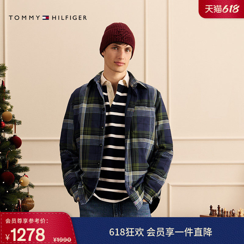 Tommy26新款男装斜纹潮流美式复古休闲宽松格子长袖夹棉衬衫外套