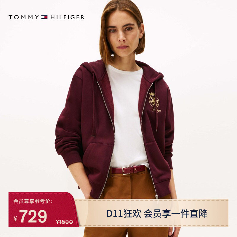 Tommy秋冬女装纯棉美式复古休闲运动风徽章刺绣连帽卫衣开衫外套