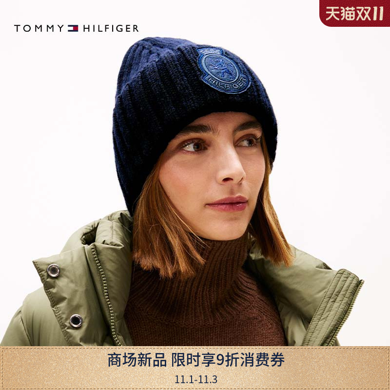 Tommy25秋冬新款男女纯羊毛潮流徽章刺绣翻边冷帽粗棒针织毛线帽