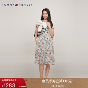 Tommy春夏女装 连衣裙 气质休闲通勤多彩字母满印百褶拼接显瘦衬衫