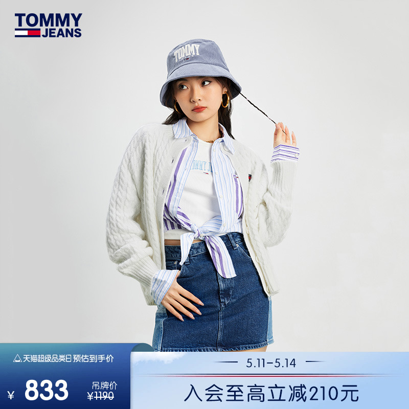 Tommy 女装含羊毛混纺刺绣绞花圆领合身纽扣针织开衫外套15938