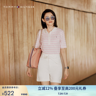 透气舒适 女装 Tommy 39531 珠地网眼通勤条纹五粒扣短袖 POLO衫