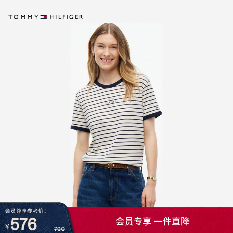 Tommy26秋冬新款女装纯棉优雅休闲通勤字母撞色圆领短袖上衣T