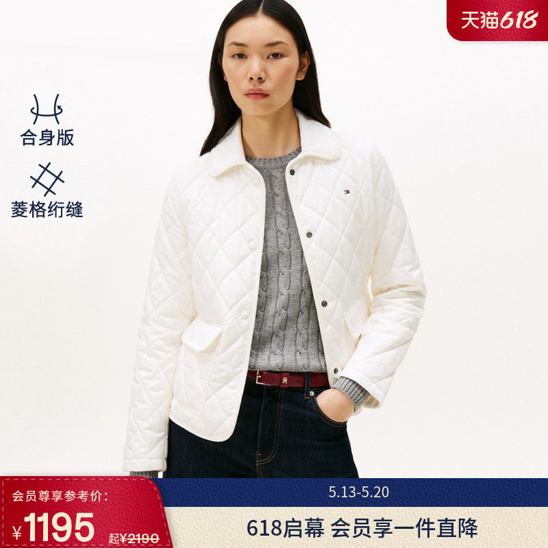 【菱格绗缝】Tommy秋冬女装气质通勤复古轻薄翻领棉服夹克外套