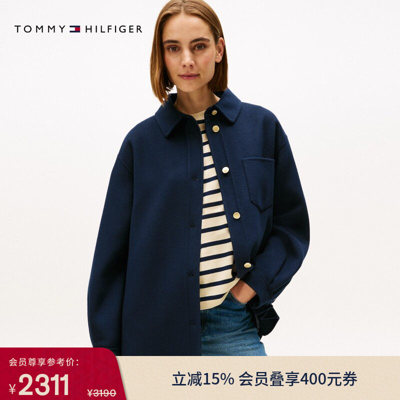 Tommy秋冬女装羊毛混纺优雅休闲通勤金扣中长翻领毛呢大衣外套