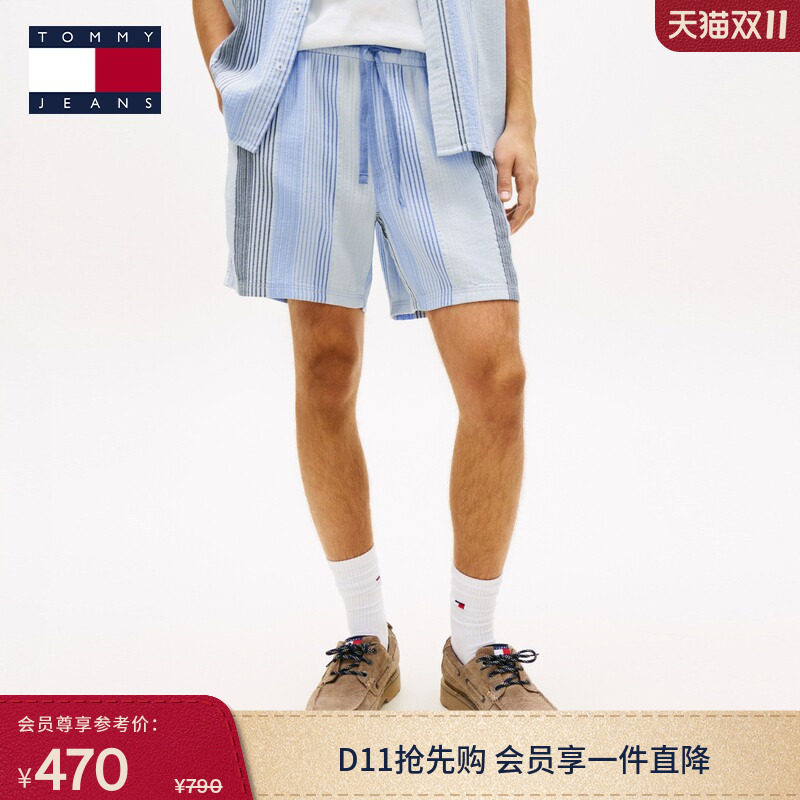 Tommy26春夏男装纯棉美式休闲度假风拼色竖条纹肌理宽松运动短裤