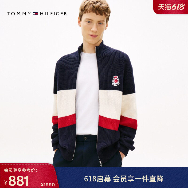 Tommy秋冬男女纯棉美式复古拼色徽章刺绣宽松立领针织开衫外套