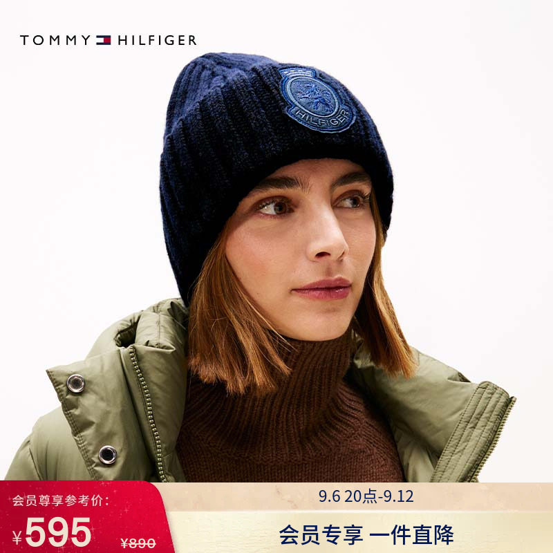 【礼物】Tommy男女纯羊毛潮流徽章刺绣翻边冷帽粗棒针织帽毛线帽