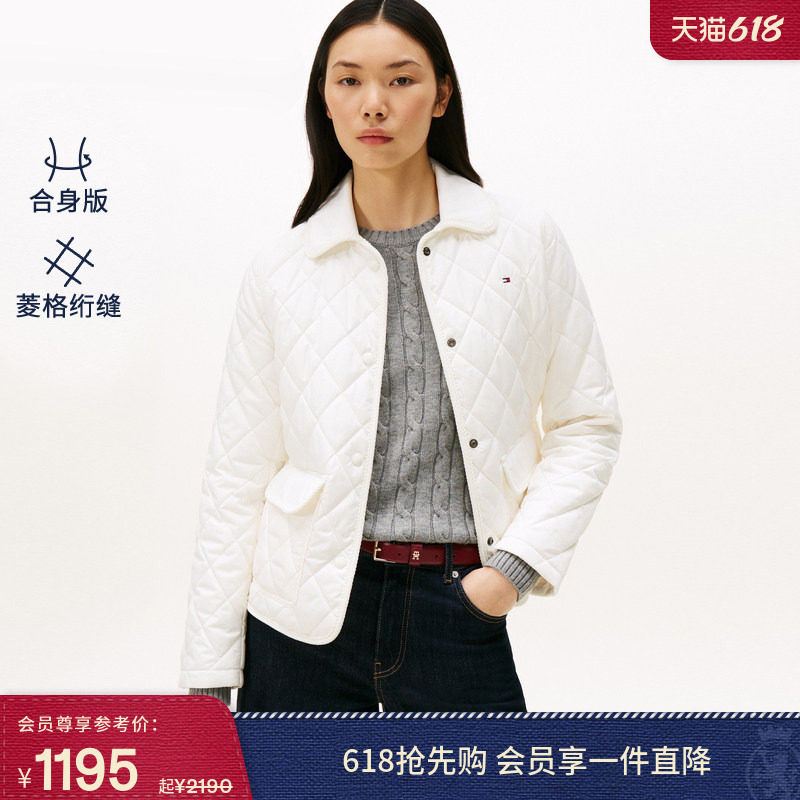 【菱格绗缝】Tommy秋冬女装气质通勤复古轻薄翻领棉服夹克外套