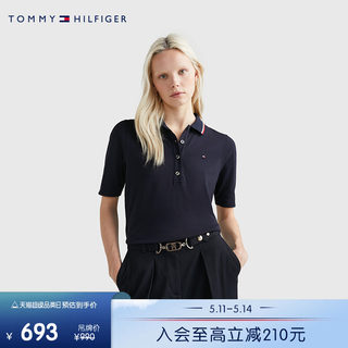 【透气舒适】Tommy 女装珠地网眼通勤镶边四粒扣短袖POLO衫37821