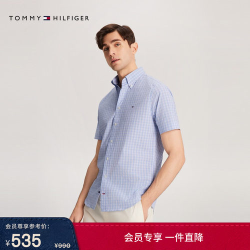 Tommy男通勤格纹尖角扣短袖衬衫