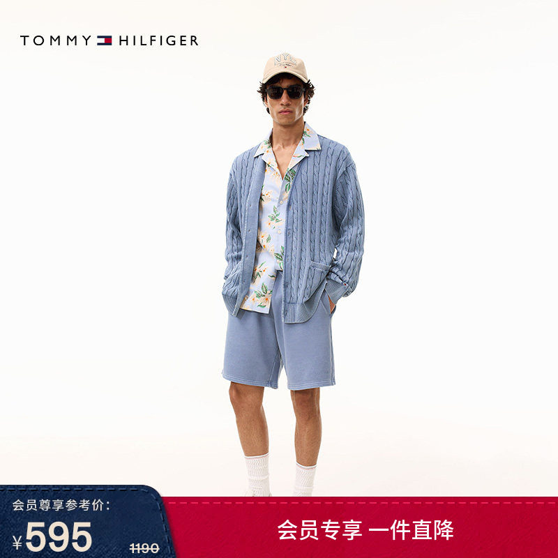 Tommy春夏男装纯棉双面平纹针织抽绳腰做旧休闲宽松篮球运动短裤