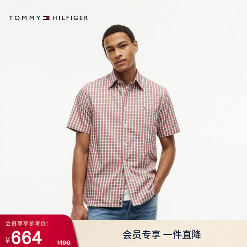 Tommy男纯棉牛津纺格纹短袖衬衫
