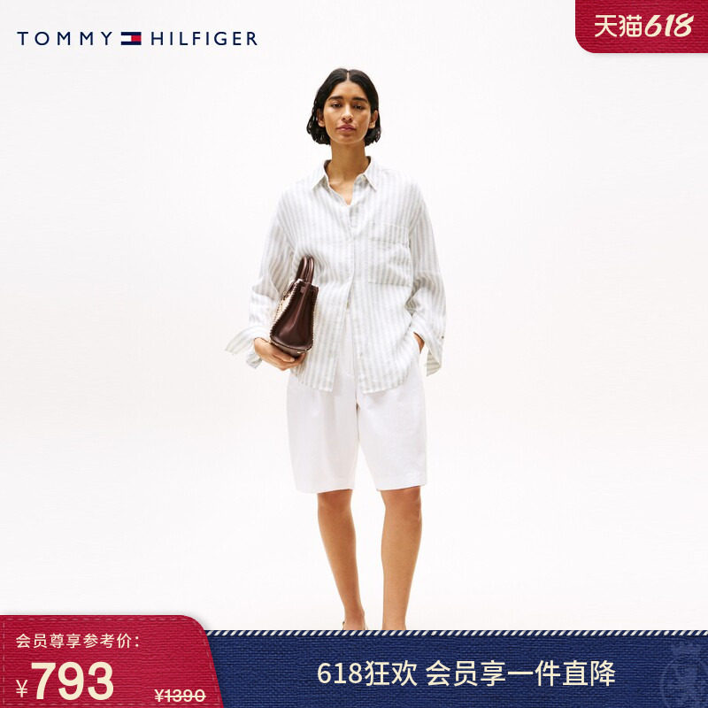 Tommy春夏女装棉麻混纺休闲通勤度假风垂感宽松阔腿休闲白色短裤