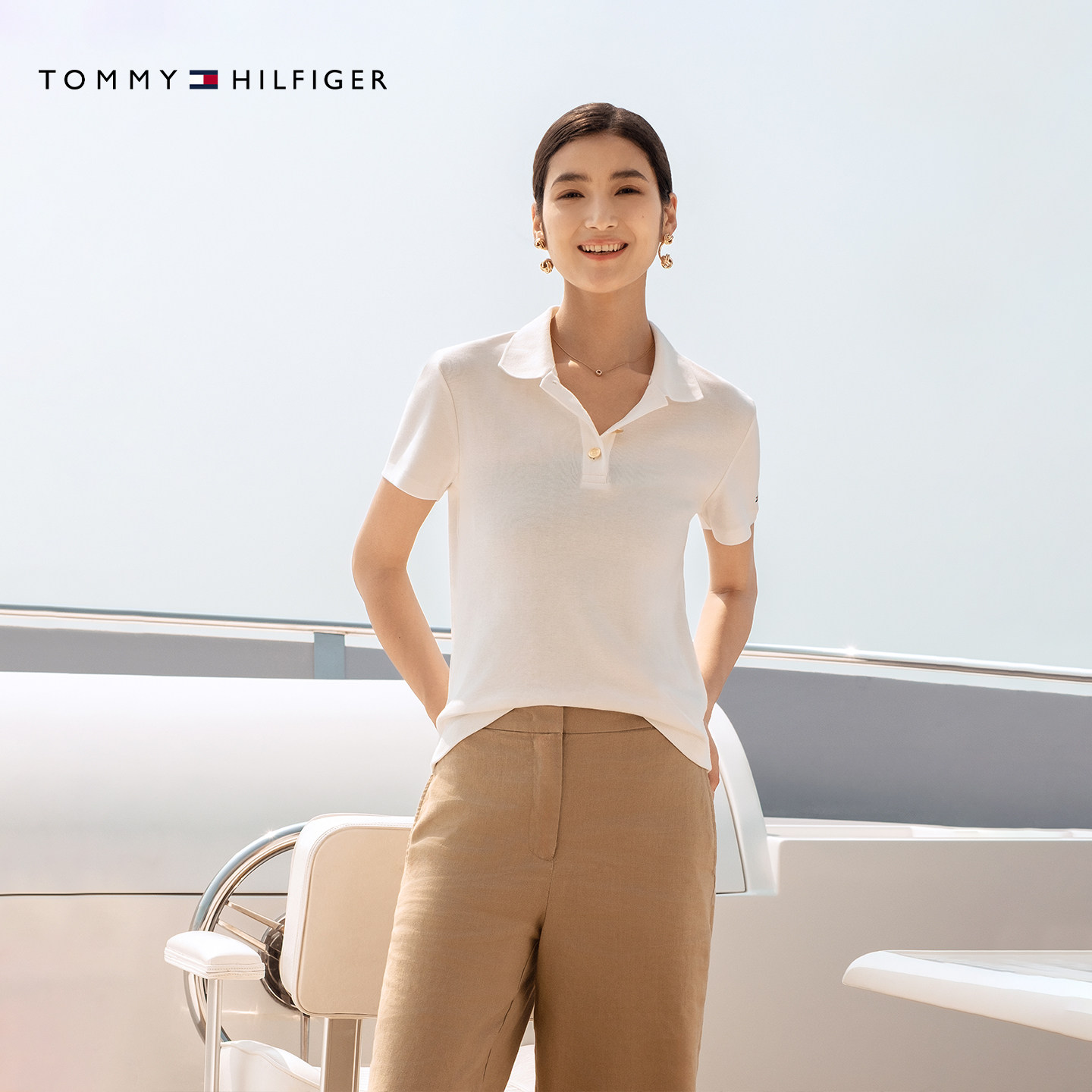 Tommy26春夏女装纯棉都市休闲通勤条纹金扣翻领修身短袖T恤POLO衫