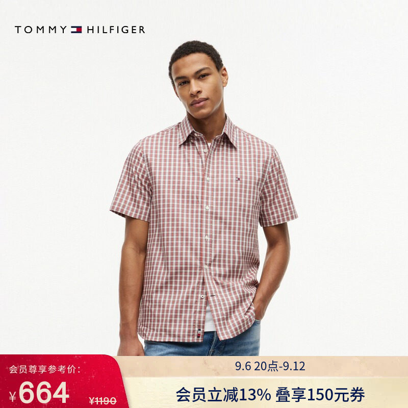 Tommy男纯棉牛津纺格纹短袖衬衫图片