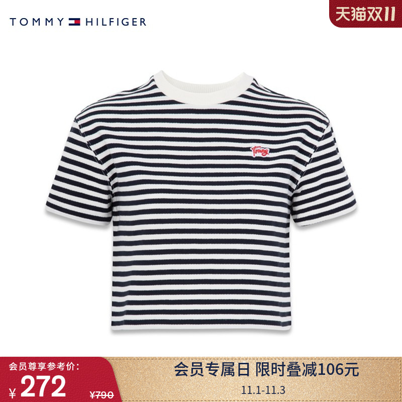 Tommy童装条纹刺绣圆领短袖卫衣