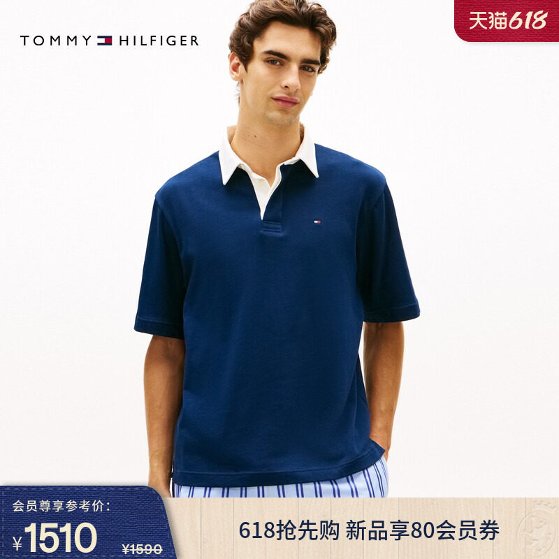 Tommy26春夏新款男纯棉平纹针织复古撞色大旗标宽松短袖T恤POLO衫