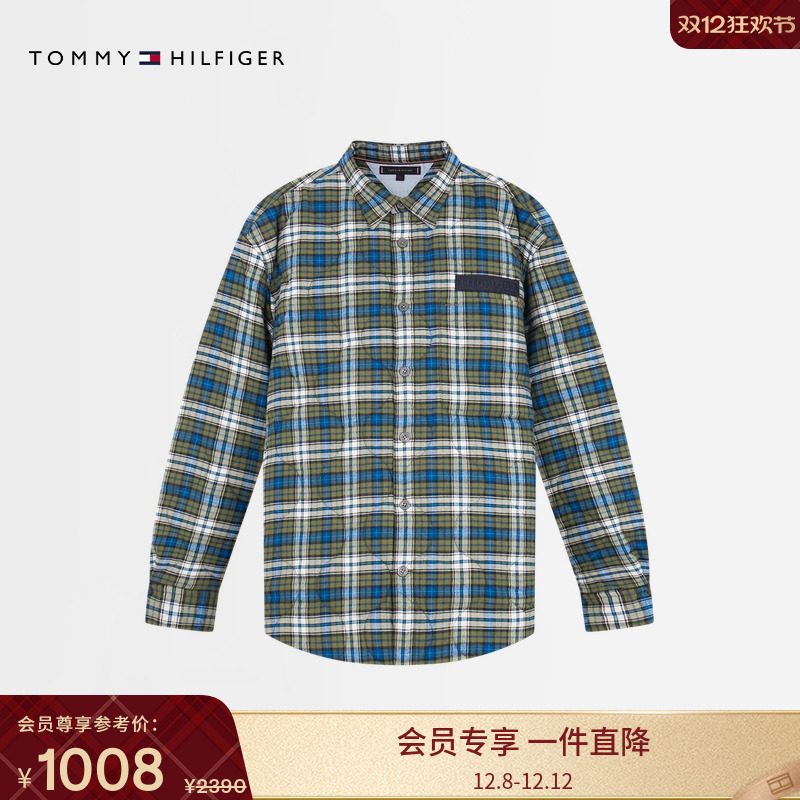 Tommy男装格纹绗缝轻薄翻领棉服