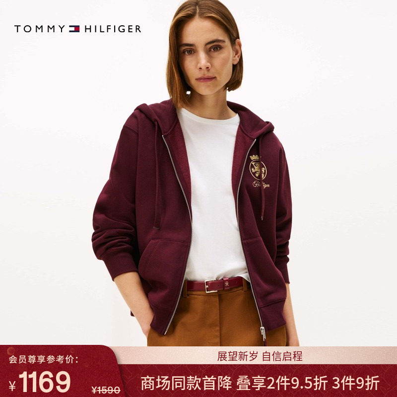Tommy25秋冬女装纯棉美式复古徽章刺绣连帽卫衣开衫外套新年礼物