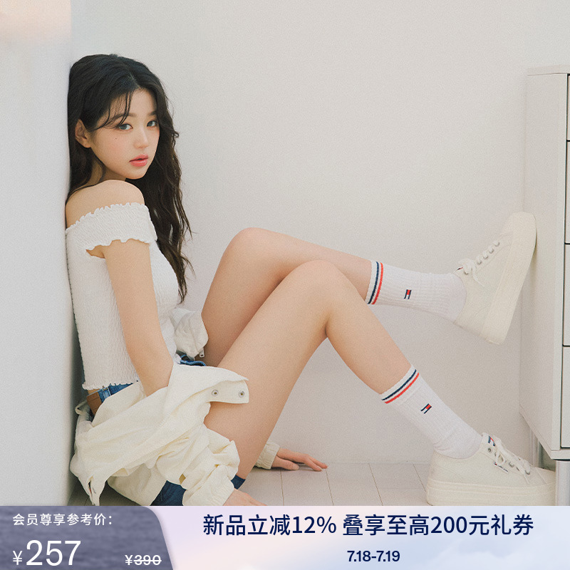 Tommy女装辣妹一字肩修身短上衣
