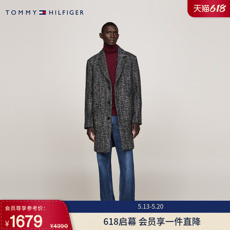 Tommy秋冬男装羊毛混纺人字纹商务休闲中长款翻领毛呢大衣外套