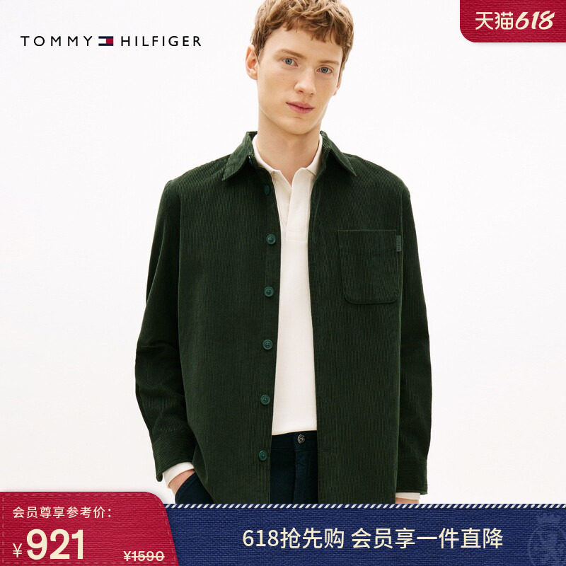 Tommy秋冬男女纯棉灯芯绒复古休闲简约贴袋宽松长袖衬衣衬衫外套