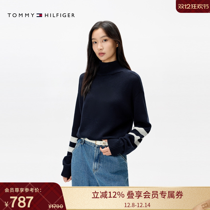 Tommy女学院风刺绣半高领针织衫