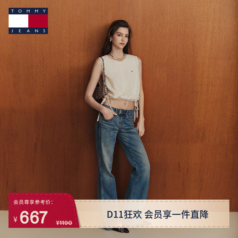 Tommy26秋冬女装纯棉美式复古做旧磨白轻薄低腰铆钉扣喇叭牛仔裤