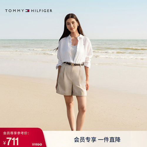 Tommy女装亚麻混纺暗襟休闲短裤