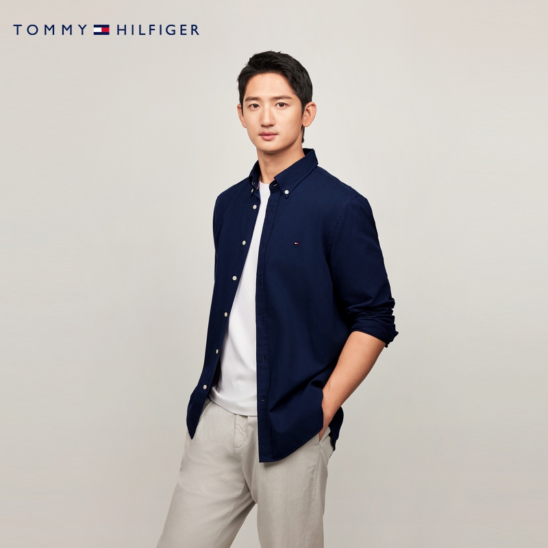 Tommy男装棉羊绒混纺纯色衬衫