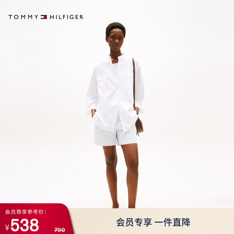Tommy春夏女装休闲海边度假风条纹微弹简约通勤百搭修身直筒短裤