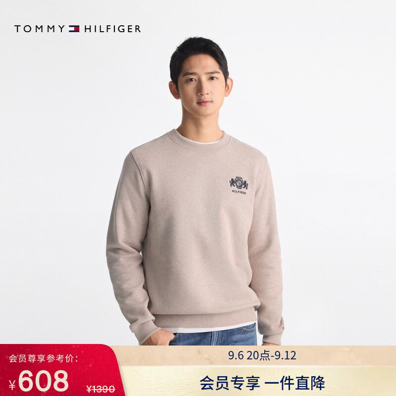 Tommy秋冬男装纯棉潮流美式休闲磨毛徽章刺绣圆领运动套头衫卫衣